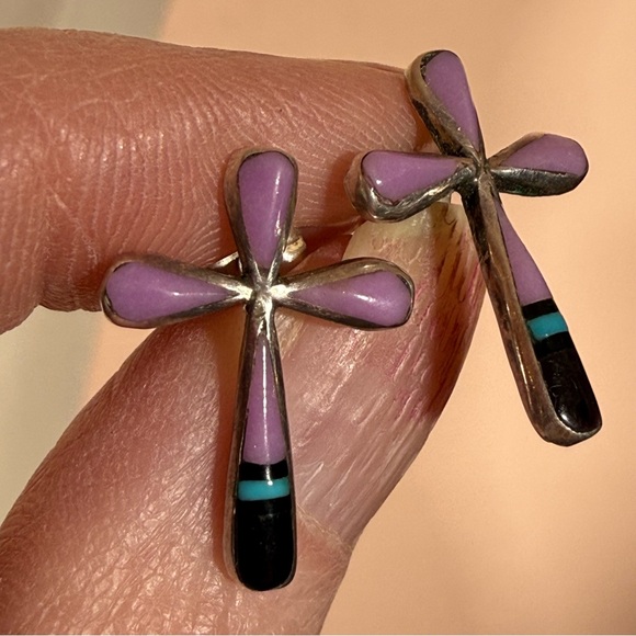 Vintage Native American Zuni Mosaic stone sterling silver cross earrings